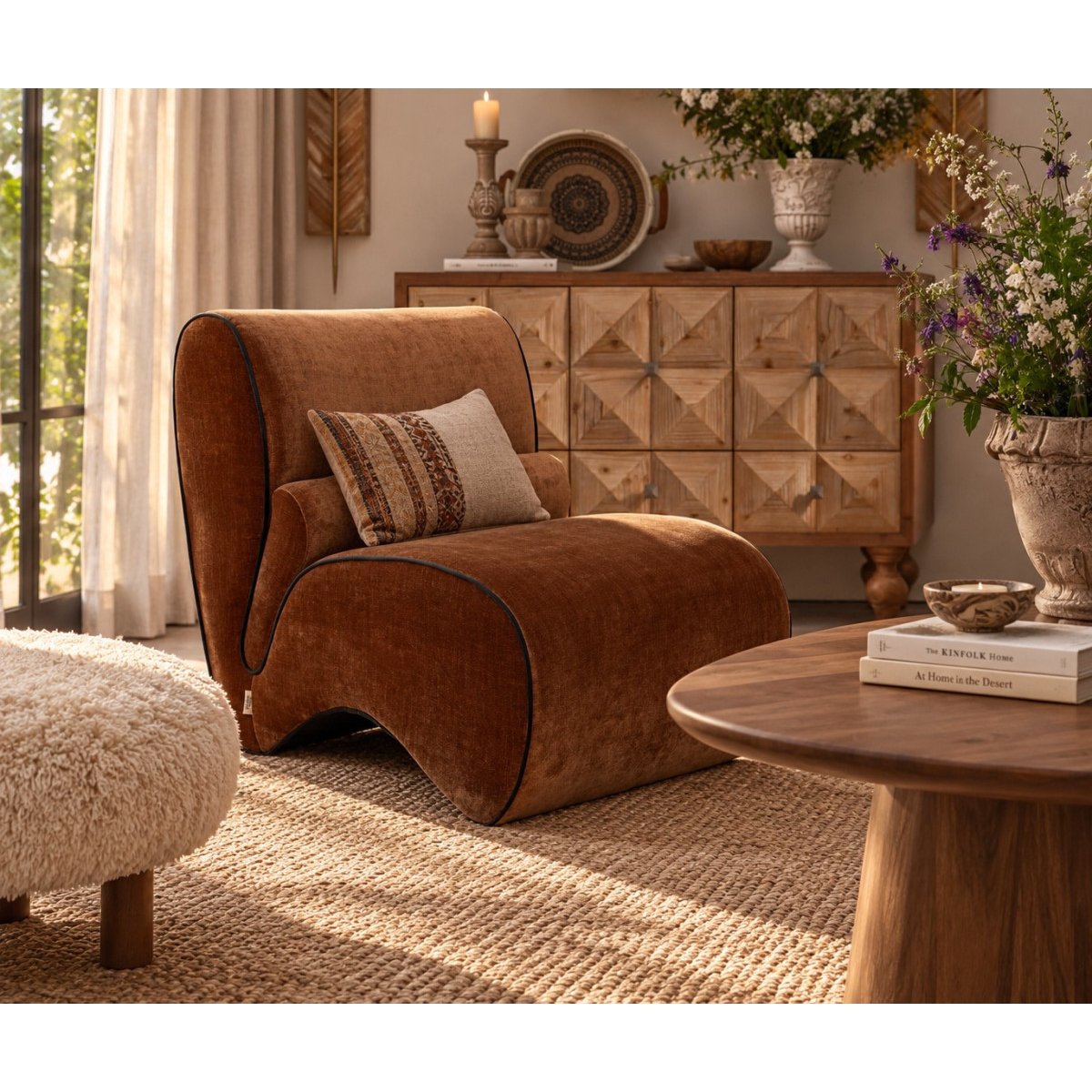 Fauteuil lounge en velours - DONNA marron, DUTCHBONE