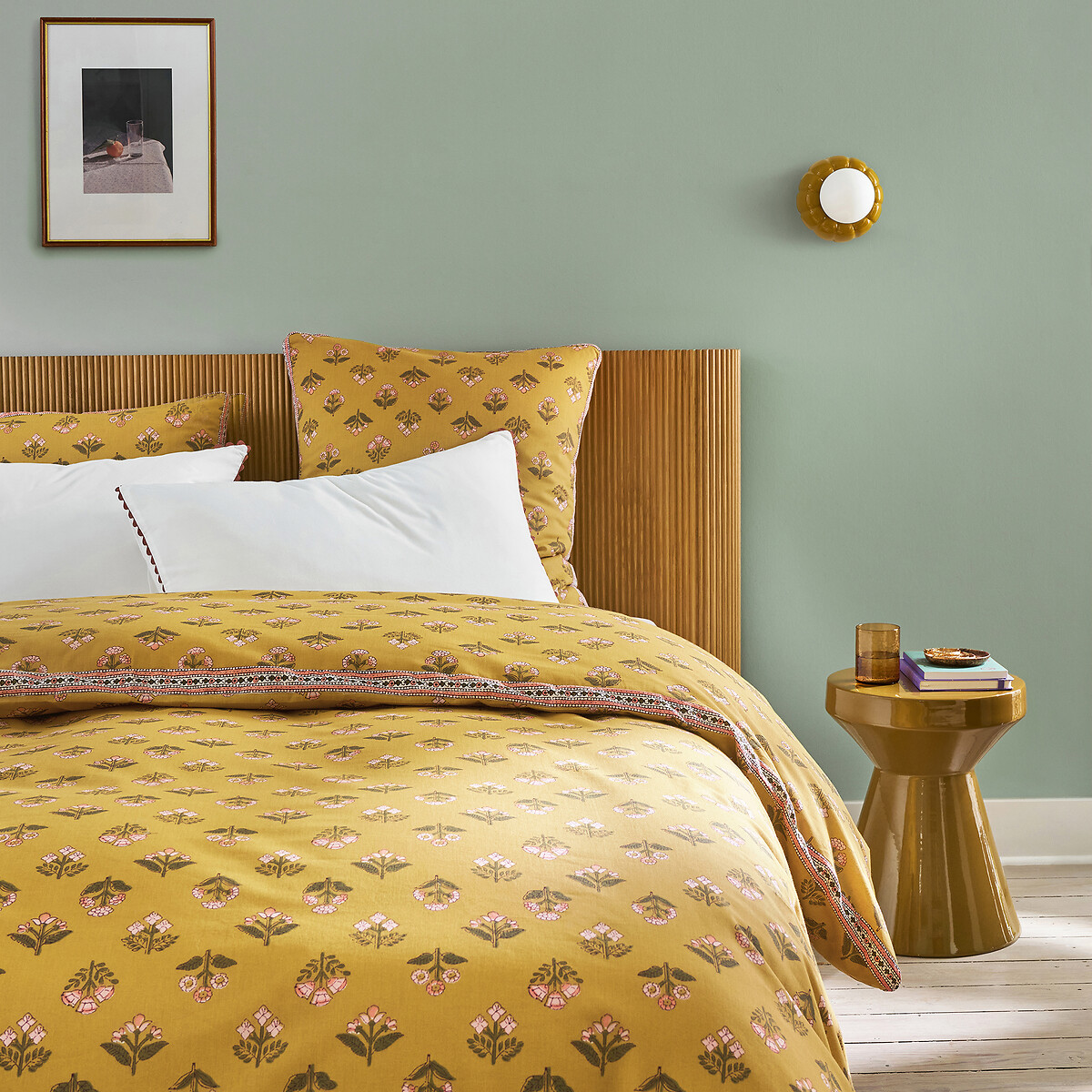 Vandi Ocre Floral Print Washed Cotton Duvet Cover ochre print, LA REDOUTE INTERIEURS