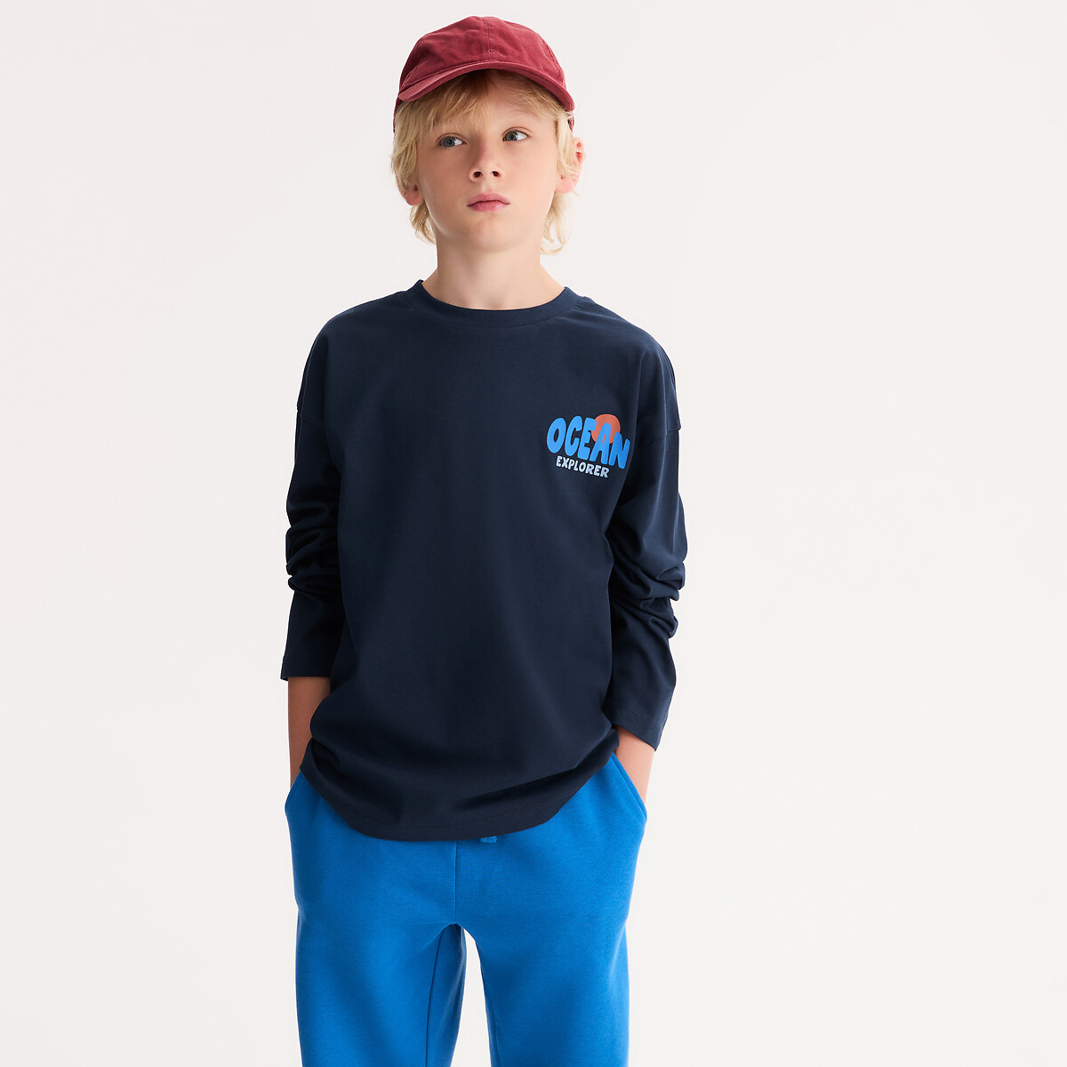 Printed Oversized T-Shirt with Long Sleeves navy blue, LA REDOUTE COLLECTIONS