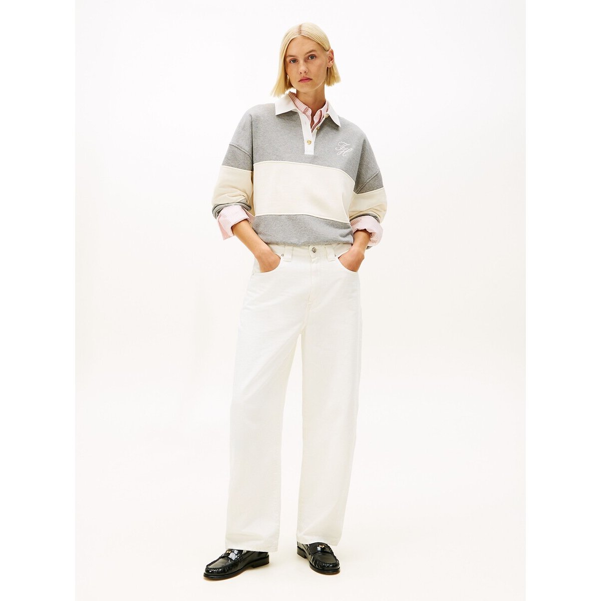 Sudadera de rugby a rayas con cuello de polo de manga larga gris/crudo, TOMMY HILFIGER