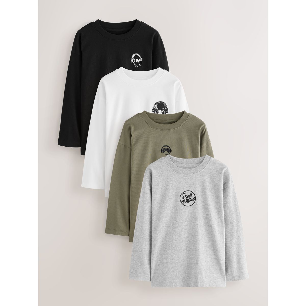 T-shirt à motif et manches longues, lot de 4 noir/blanc/gris marl/kaki, NEXT