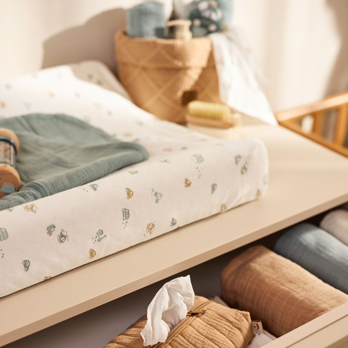 Housse de matelas à langer en jersey bleu, marron, JOLLEIN