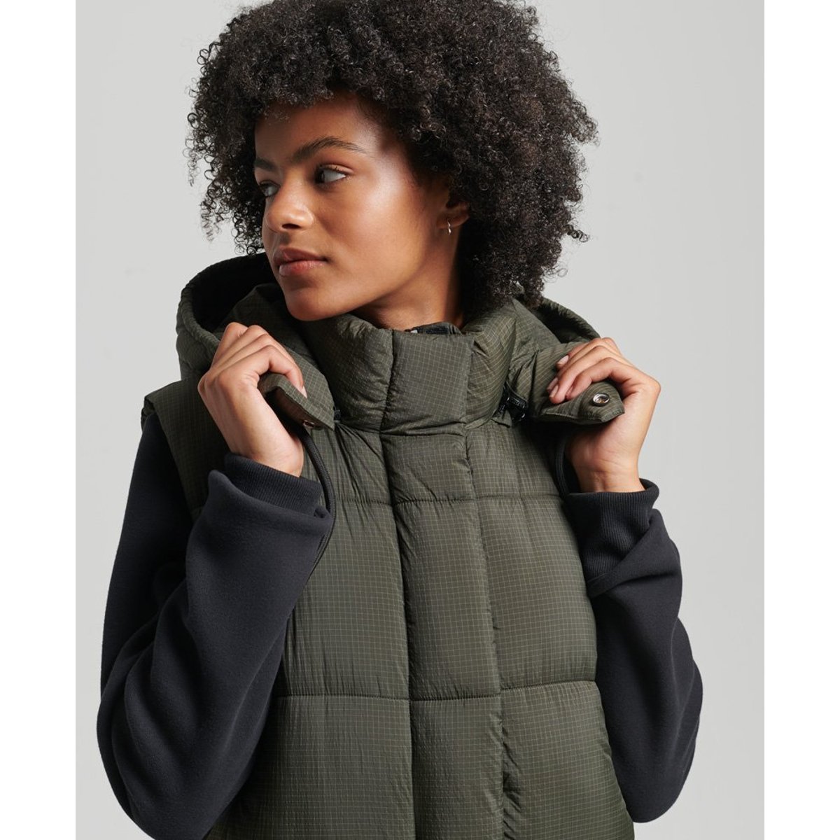 Gilet à capuche long sans manches Ripstop kaki quadrillé, SUPERDRY