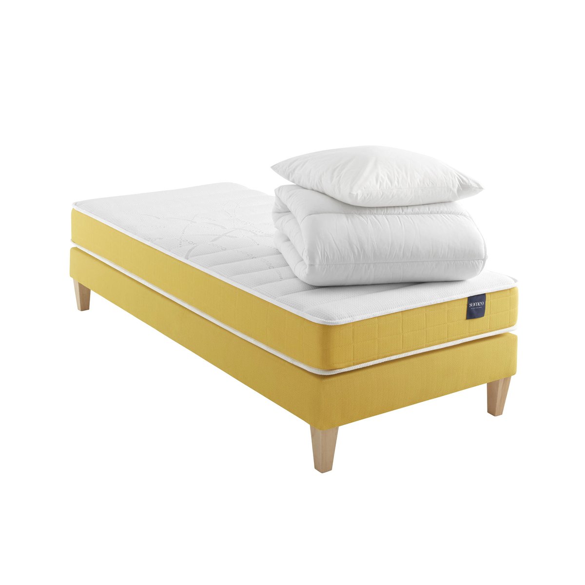 Ensemble matelas mousse, sommier, pieds, couette et oreiller Aurore 400 blanc, SOMEO