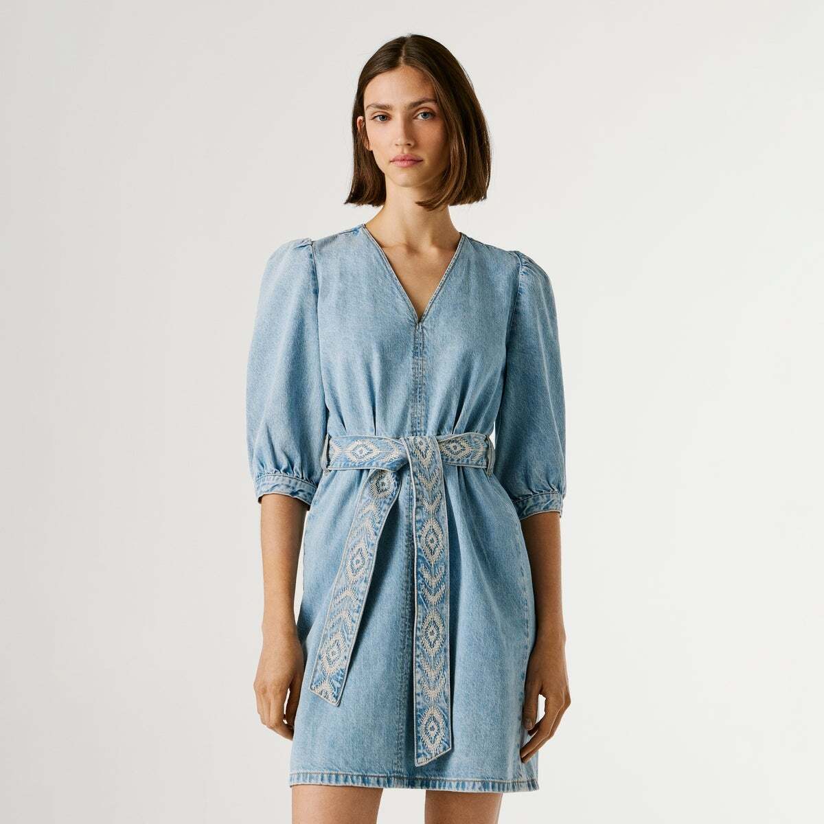 Robe Courte En Denim À Col En V 11oz blue rigid denim, PEPE JEANS