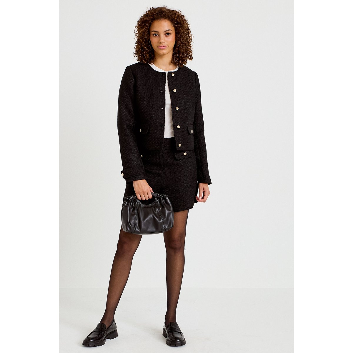 Veste tweed cintrée cropped col mao noir, CACHE CACHE