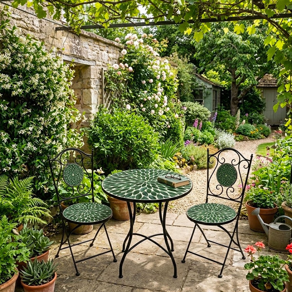 Ensembe table et chaises de jardin mosaïque vert 60x60x71cm vert, WADIGA