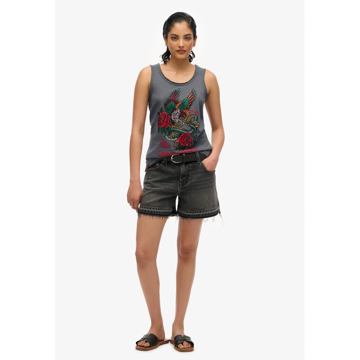 Débardeur à encolure dégagée Neo Trad Tattoo noir délavé flammé, SUPERDRY
