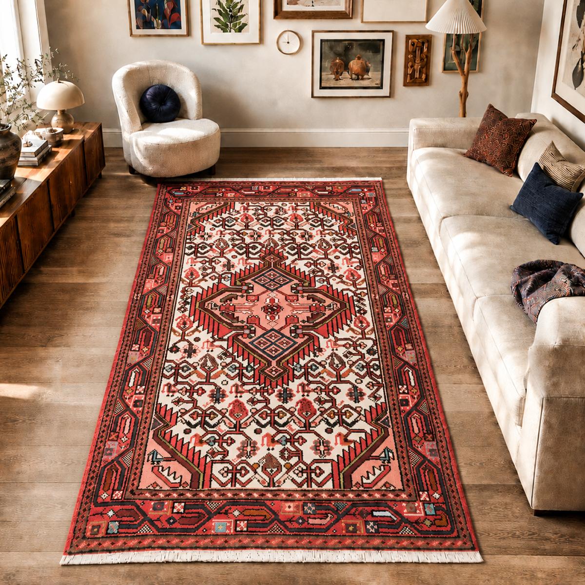Tapis d'orient, motif oriental artisanal, noué main, HAMADAN 30 crème, rose, rouge, UN AMOUR DE TAPIS