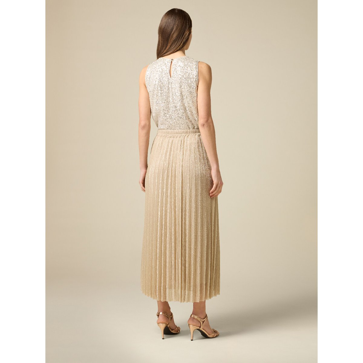 Jupe longue plissée en fil textile oro, OLTRE