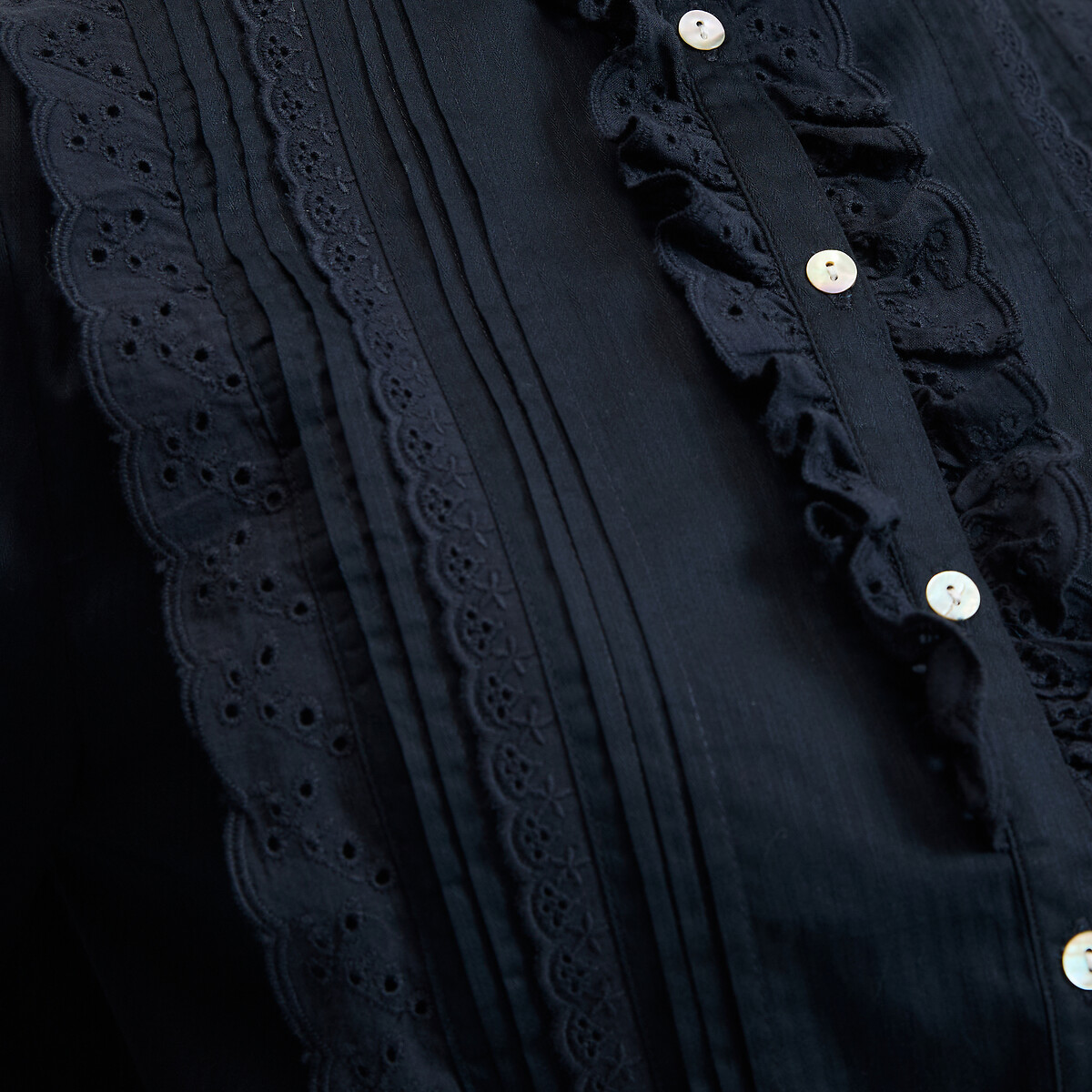 Signatures Eugenie Cotton Blouse with Ruffles navy blue, LA REDOUTE COLLECTIONS