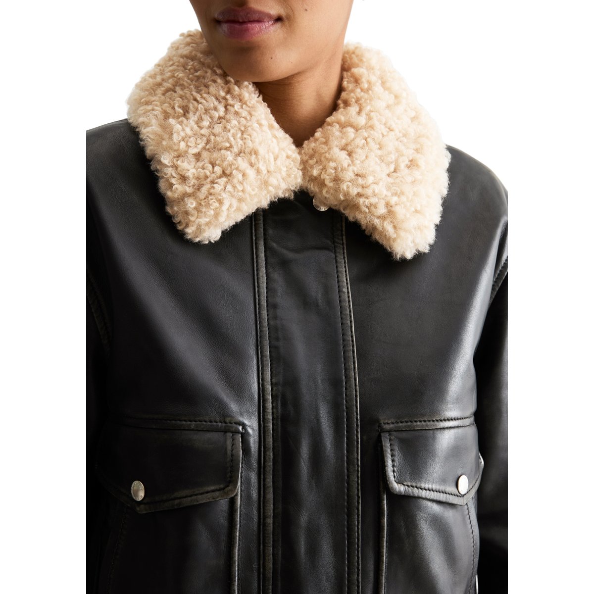 Veste en cuir style aviateur, coupe classique en cuir d'agneau nappa souple noir, MARC O’POLO DENIM