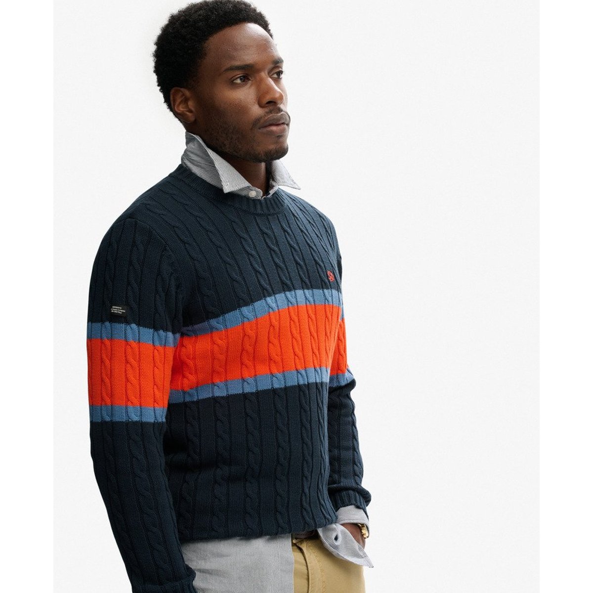 Pull en maille torsadée à rayures en coton bleu marine éclipse/orange vif, SUPERDRY