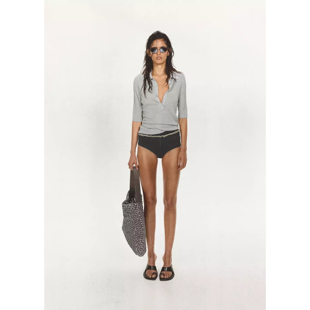 Pull-over maille côtelée col polo gris, MANGO