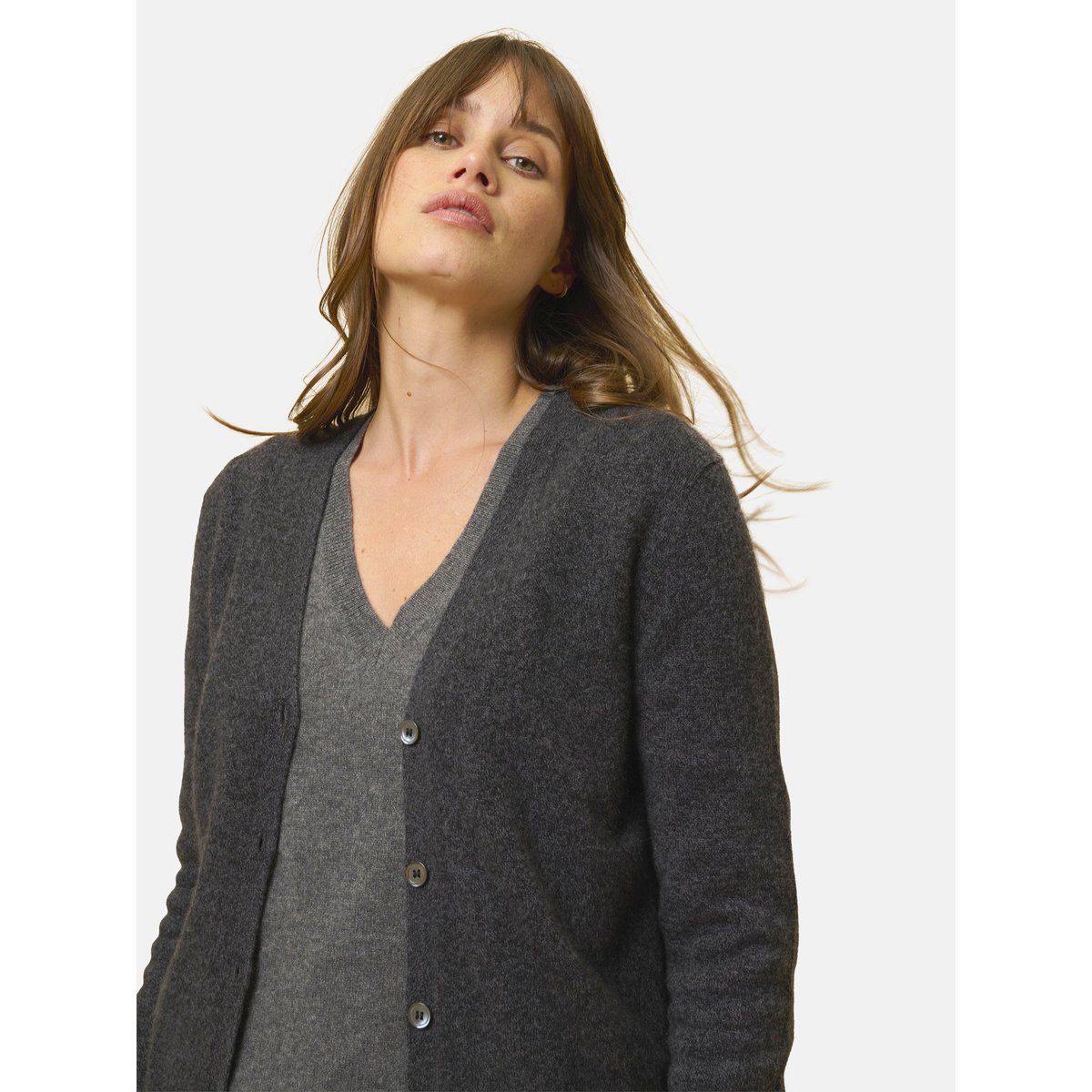 Cardigan Col V Anthracite Chiné Chelsea gris anthracite chiné, JUST CASHMERE