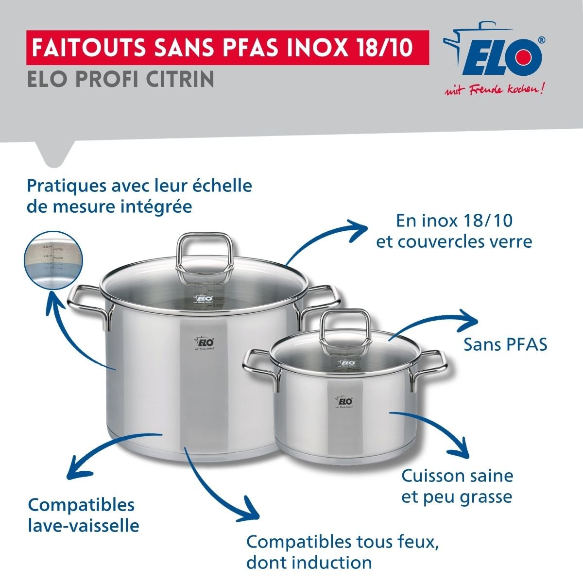 Batterie 1 poêle 32cm + 2 faitouts 20/26cm PROFI CITRIN gris, ELO
