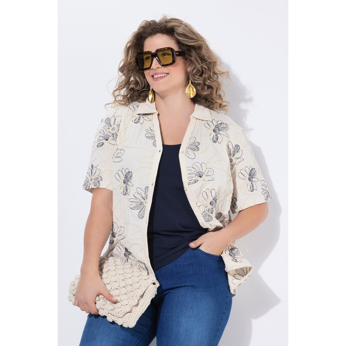 Surchemise en coton bio, avec broderies blanc perle, ULLA POPKEN