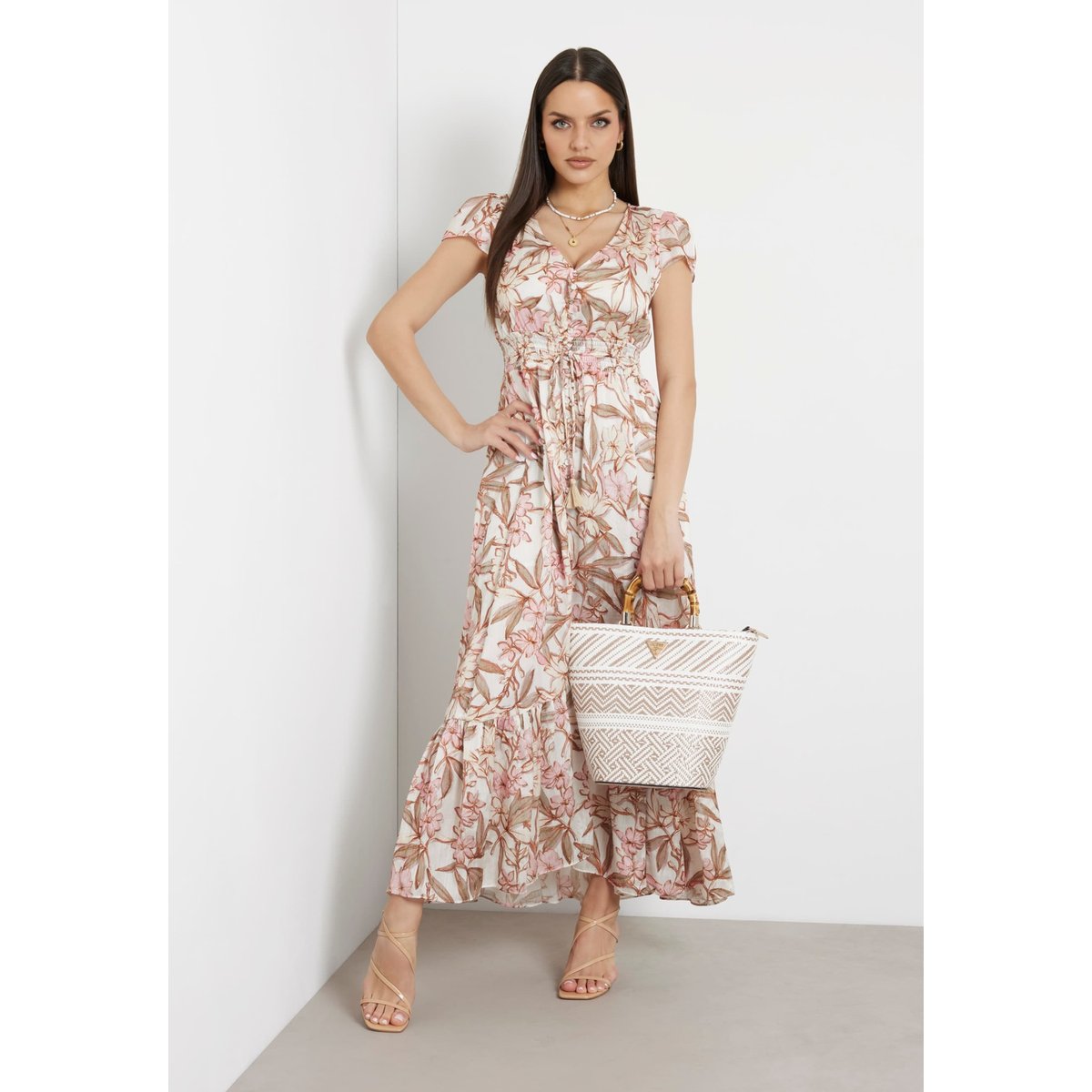 Robe Longue Jacquard Froissé rose floral, GUESS