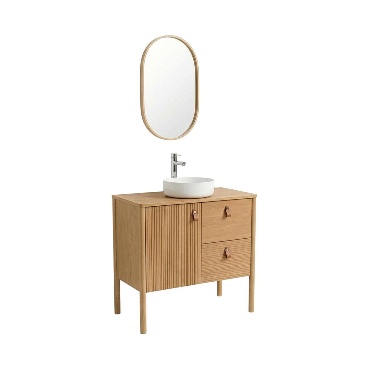 Meuble chêne 80cm sur pieds, vasque, robinet et miroir ovale JOY chêne, MOB IN