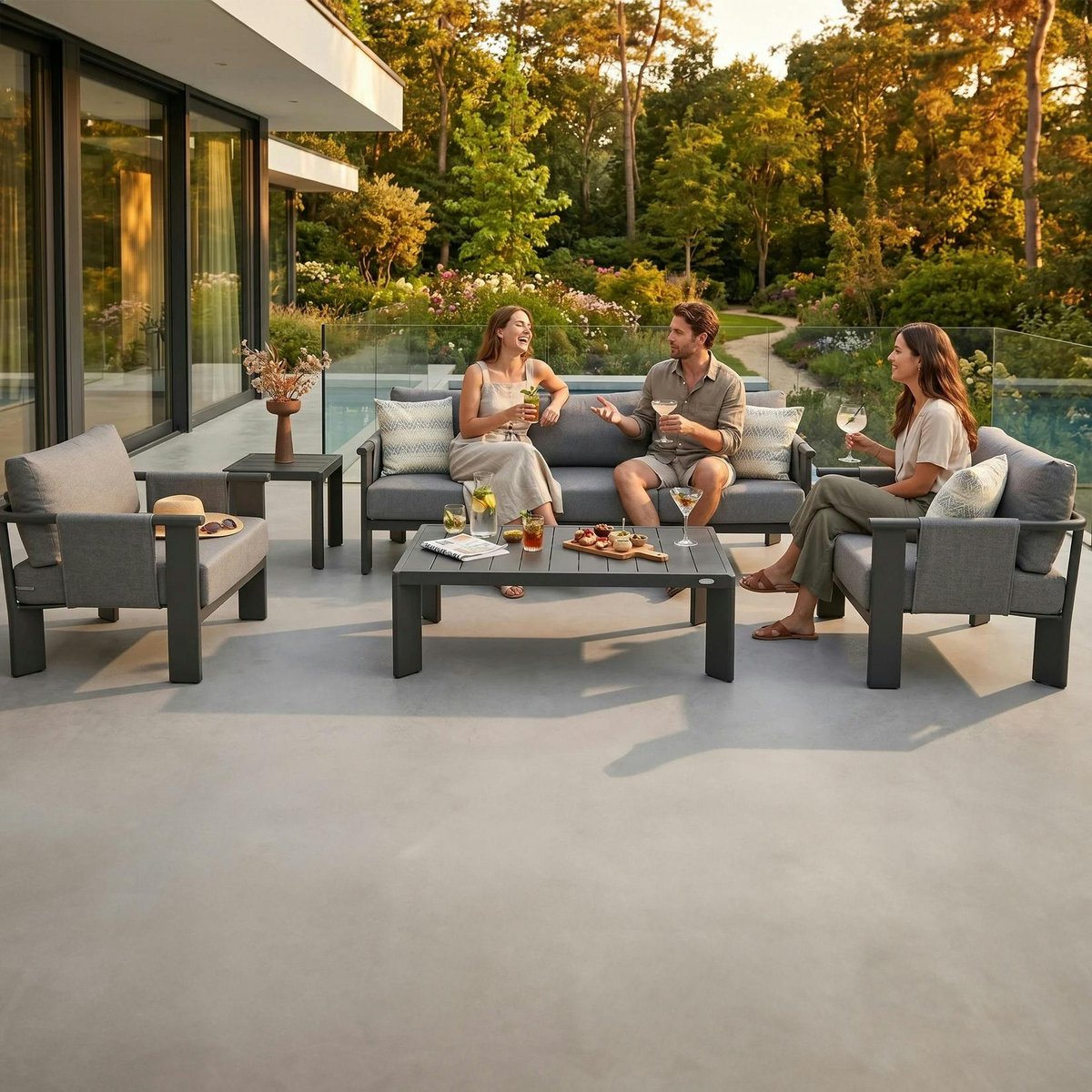Salon de jardin 5 places complet en aluminium LIGO anthracite, PIER IMPORT