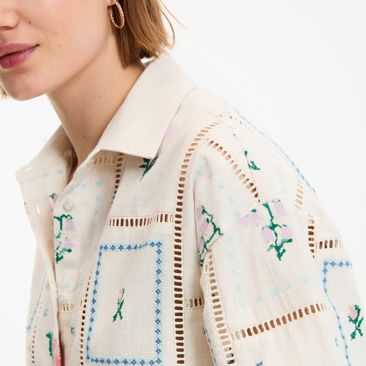 Chemise manches courtes brodée et ajourée ivoire brodé, LA REDOUTE COLLECTIONS