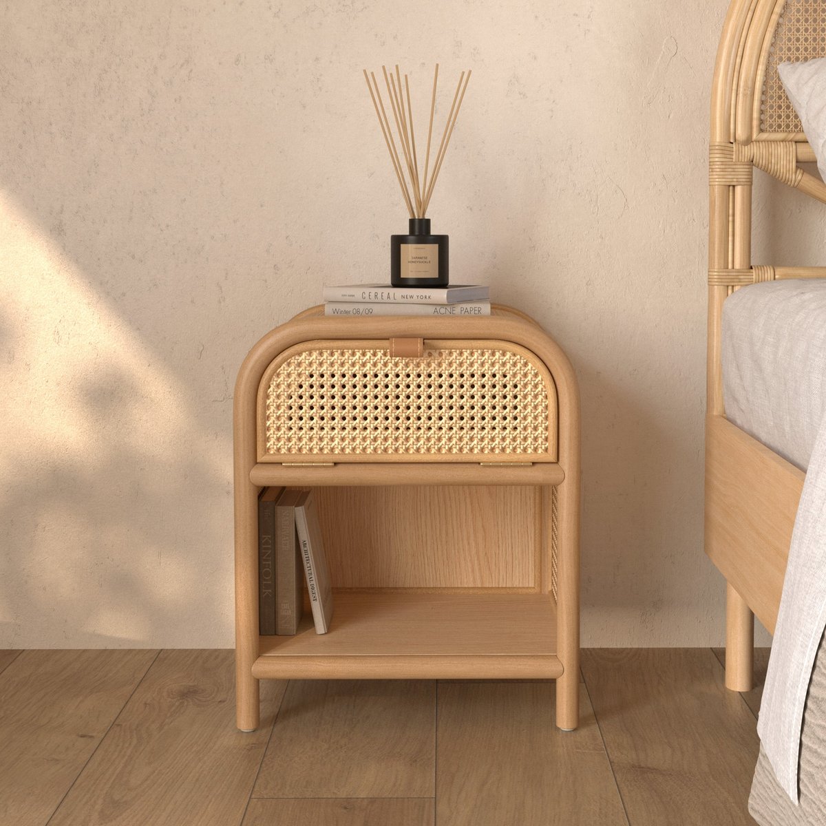 Table de chevet en bois massif, 1 porte et 1 niche - ALATA marron clair, MAISON PAVANE