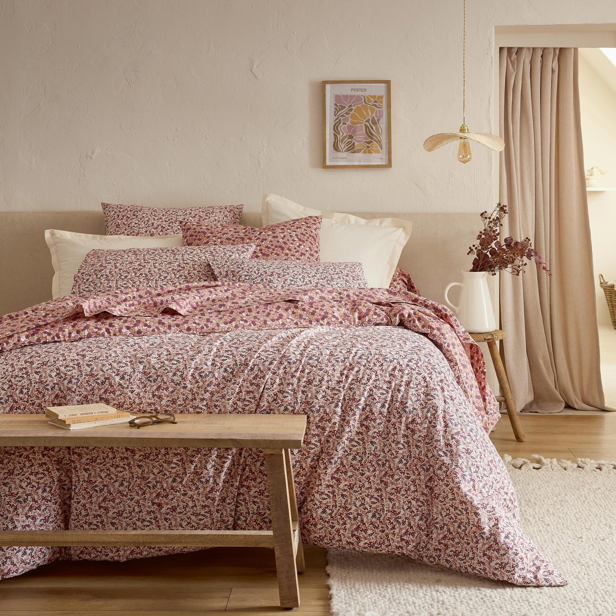 Drap plat en coton réversible imprimé floral prune, TRADILINGE