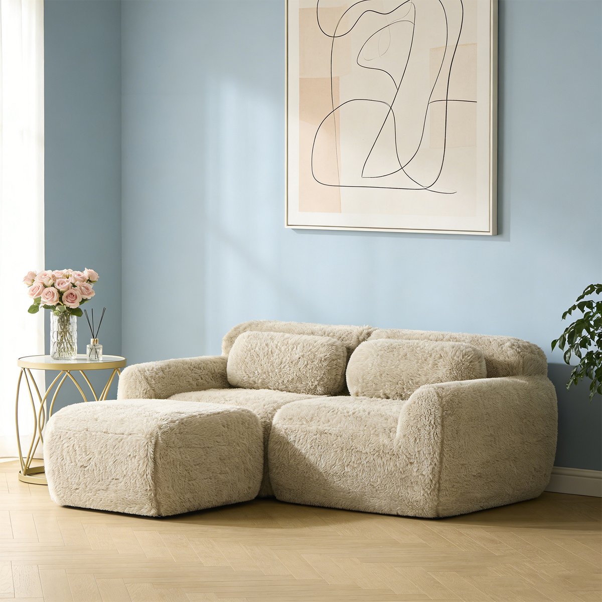 Canapé d'angle réversible 2 places avec pouf, WIND kaki, MEUBLES COSY