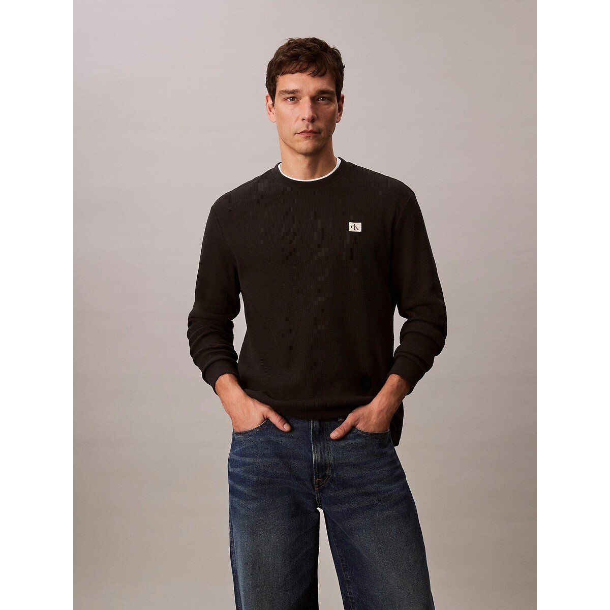 T-shirt manches longues texture gaufrée noir, CALVIN KLEIN JEANS