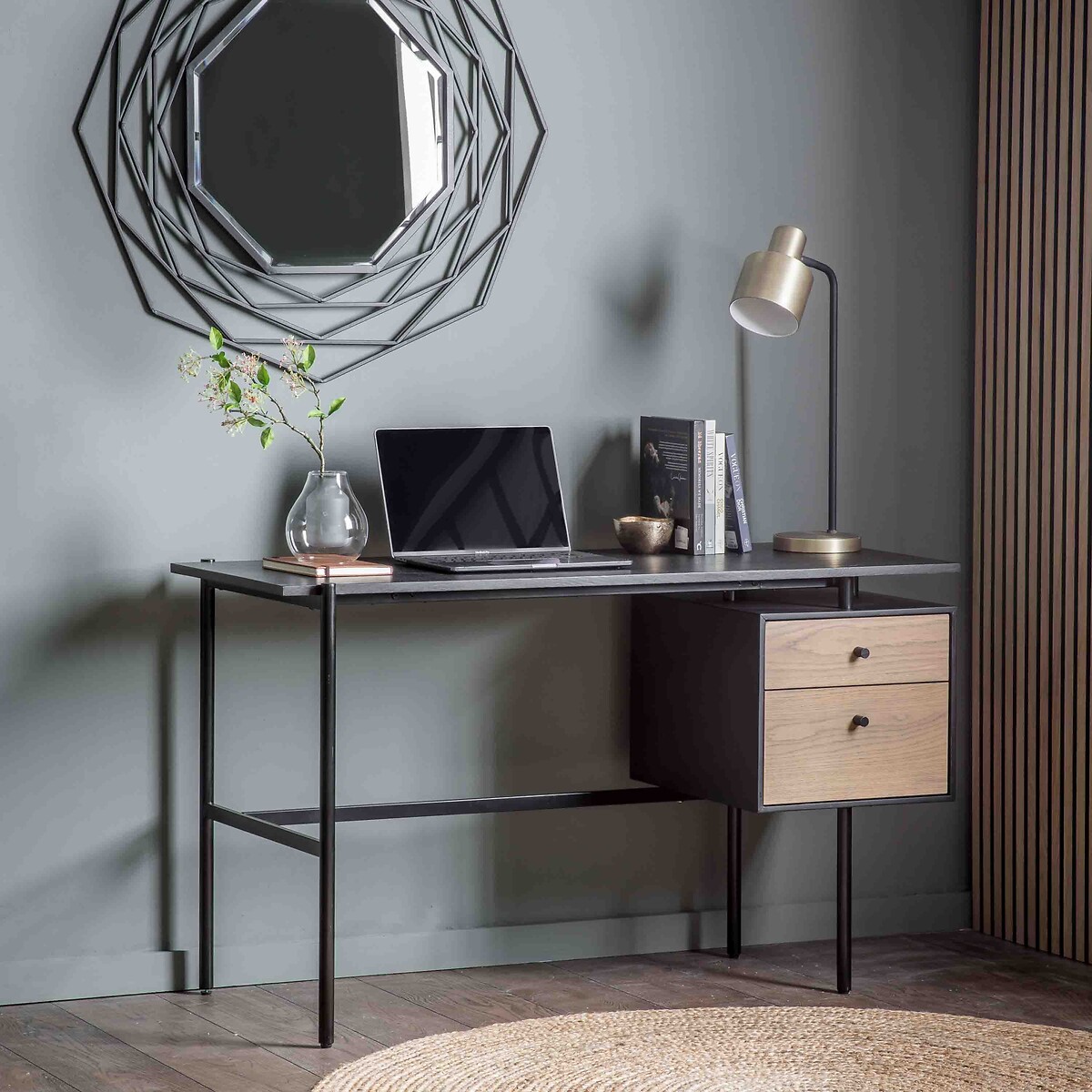 Caelen Oak & Metal 2-Drawer Desk black/wood, ÉDITÉ