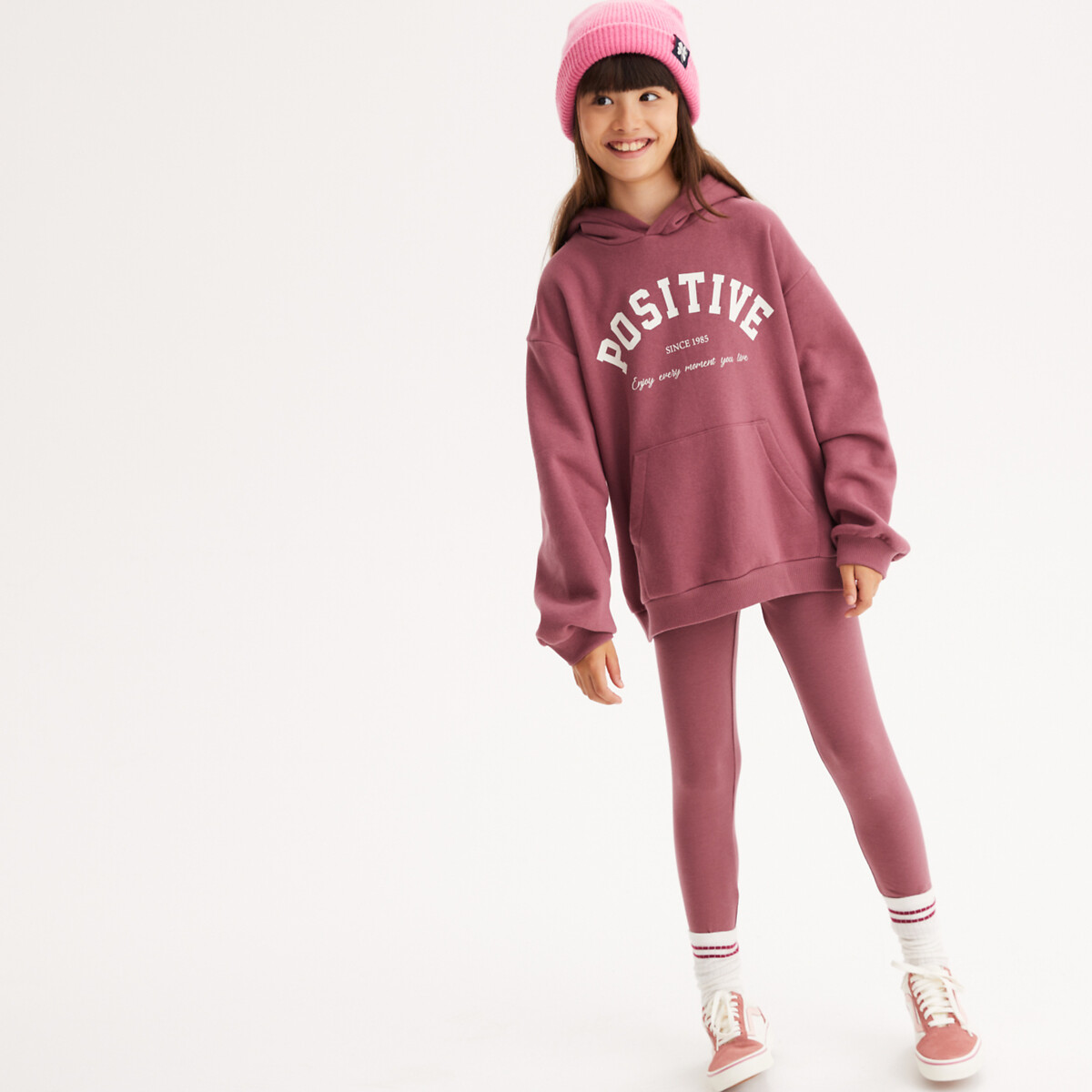 Sweat à capuche oversize, à message et en molleton rose foncé, LA REDOUTE COLLECTIONS