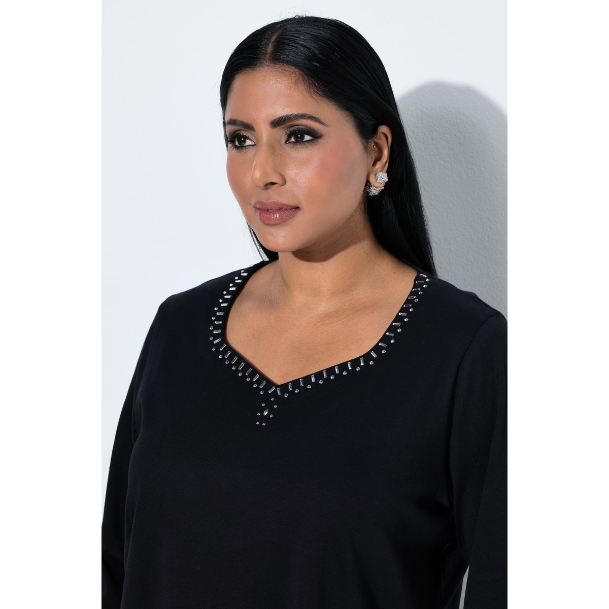 T-shirt en coton Pima, strass fantaisie noir, ULLA POPKEN