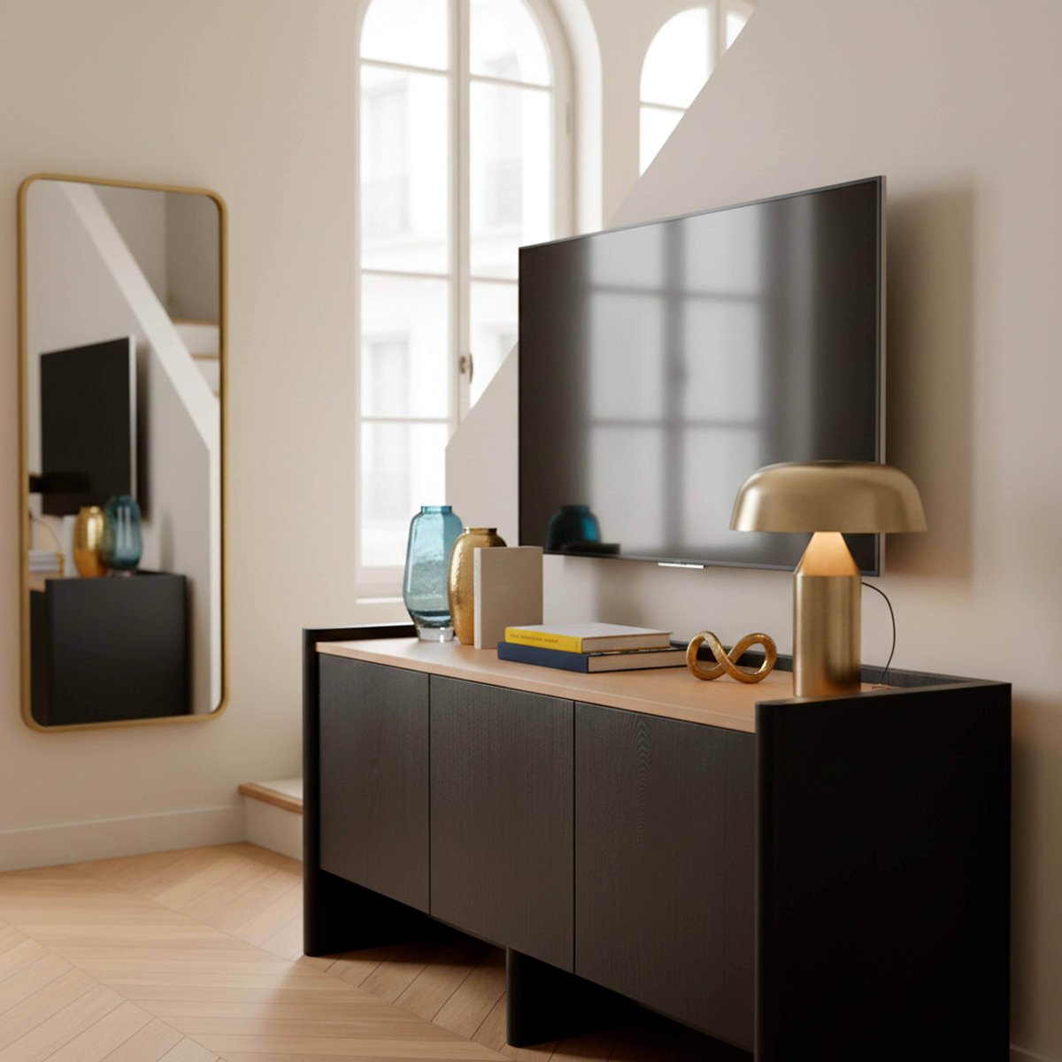 Meuble TV effet bois 120 cm style design épuré, GINA bois noir, OVIALA
