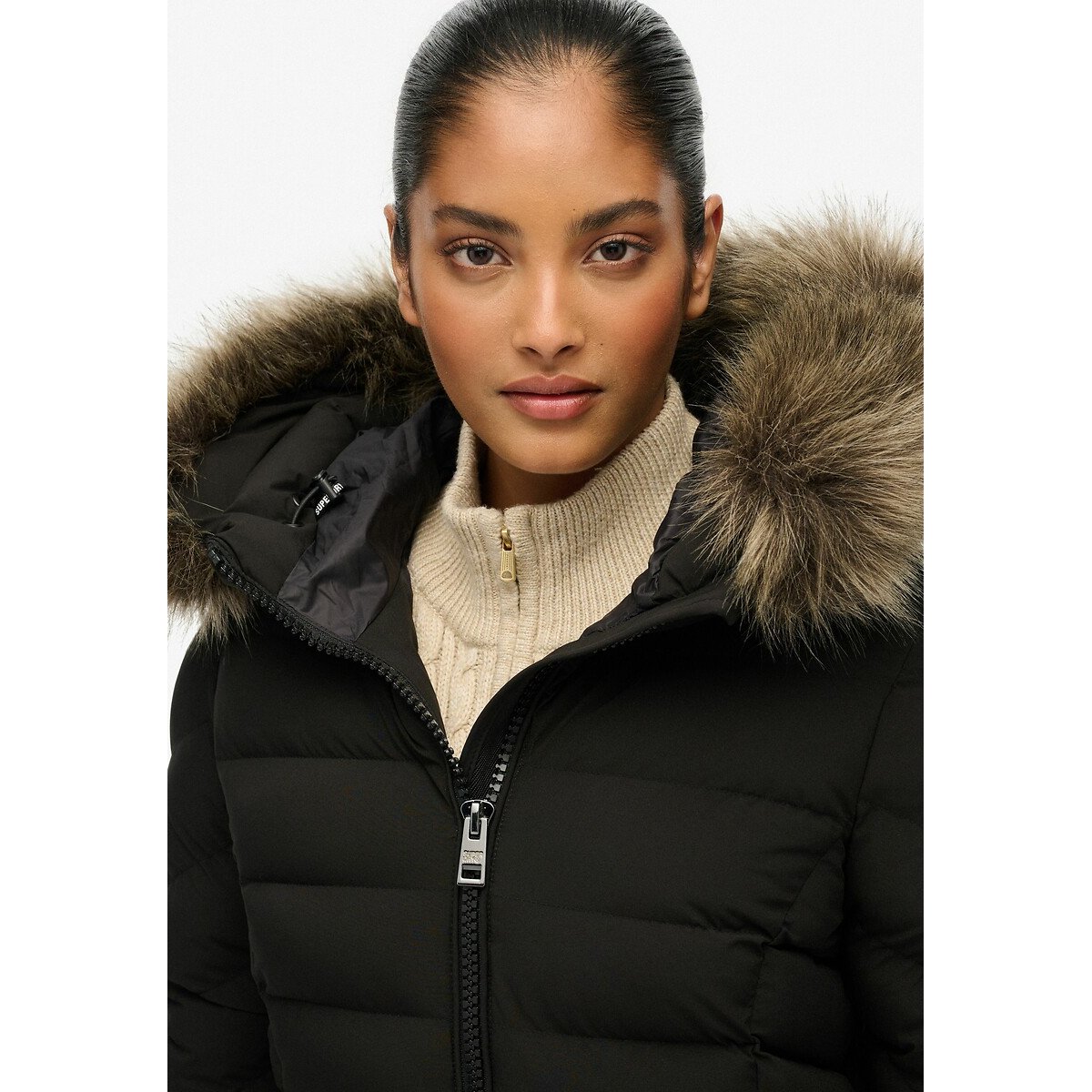 Veste longue à capuche en imitation fourrure Fuji noir, SUPERDRY