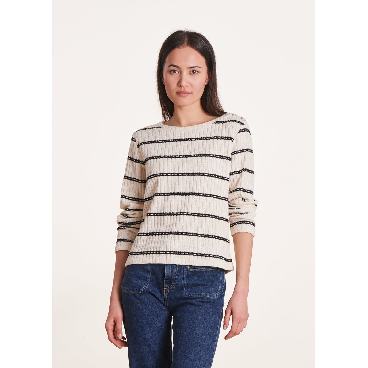 Pull marinière en coton biologique avec boutons bijou sahara/noir, LA FEE MARABOUTEE