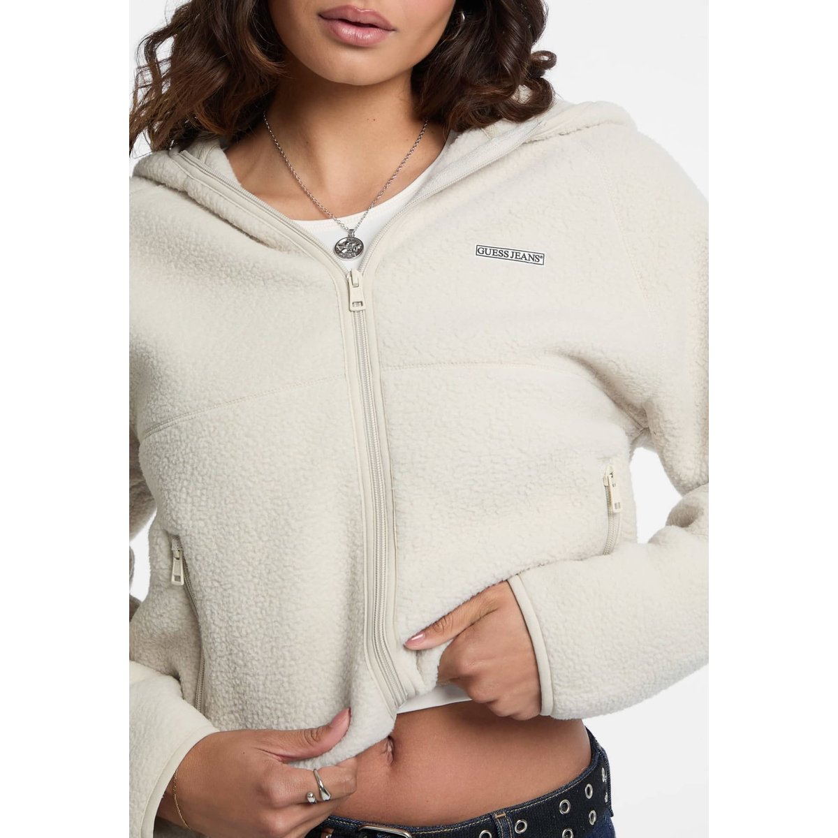 Veste Sherpa À Capuche crème, GUESS JEANS