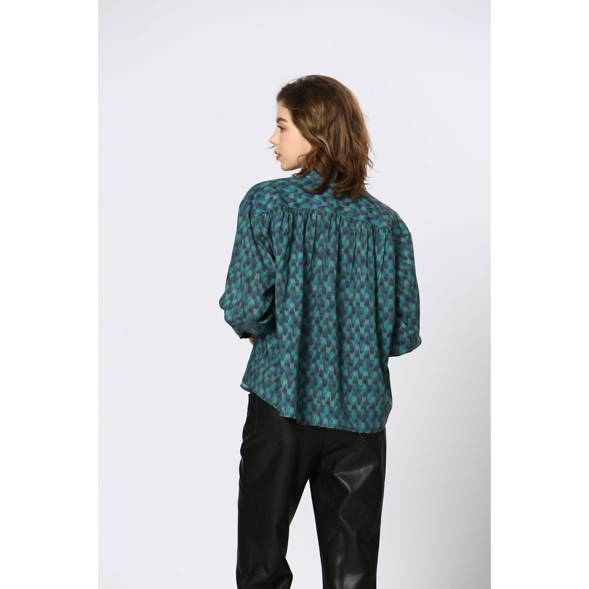 Printed V-Neck Blouse blue print, SEE U SOON