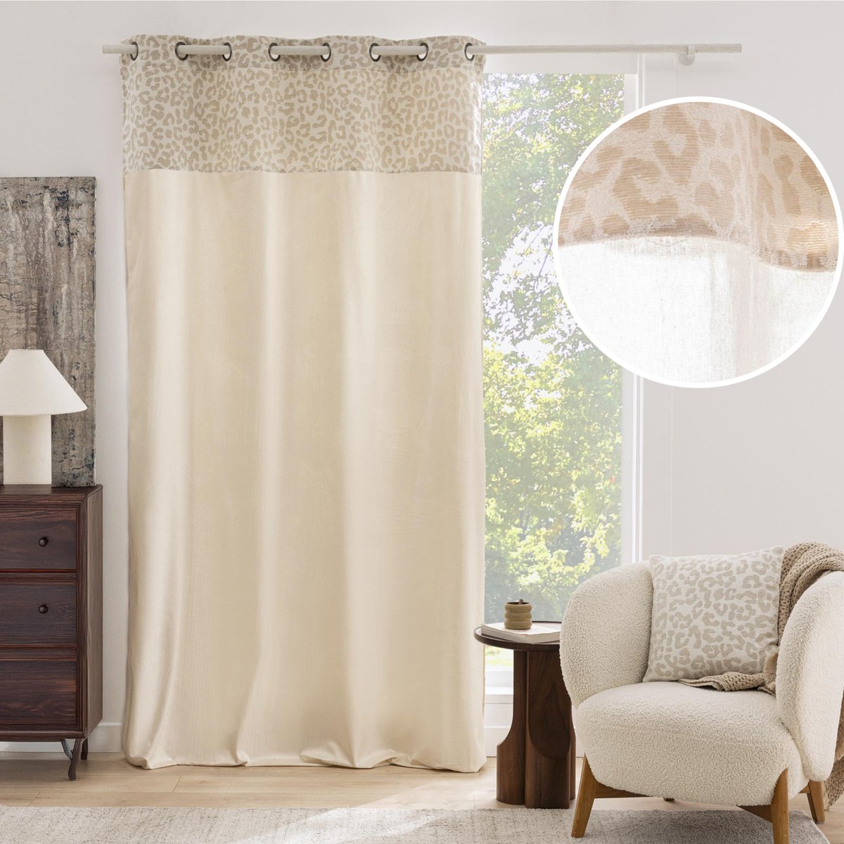 Rideau tamisant en polycoton avec bandeau jacquard chenille léopard naturel, DOUCEUR D'INTÉRIEUR