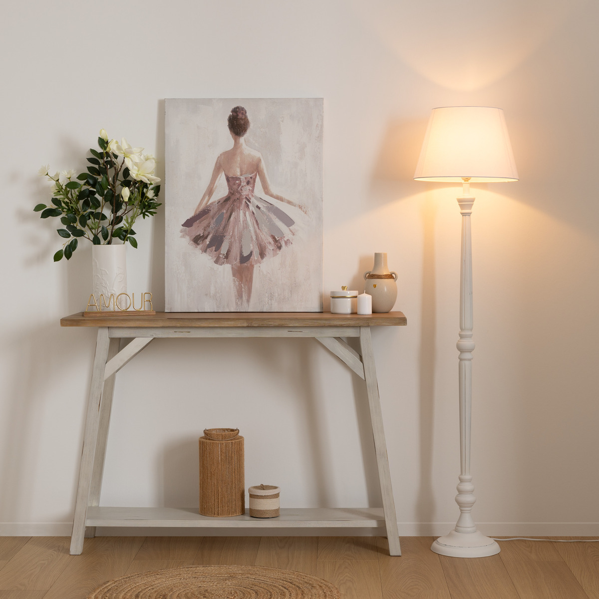 Lampadaire droit abat-jour lin LEO blanc, ATMOSPHERA