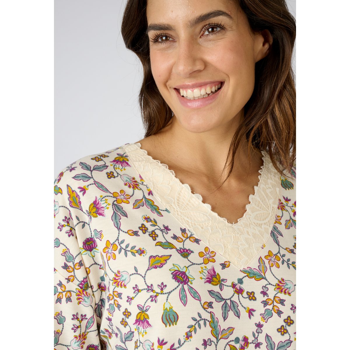 Chemise de nuit Thermolactyl en maille jersey marron beige fleuri, DAMART