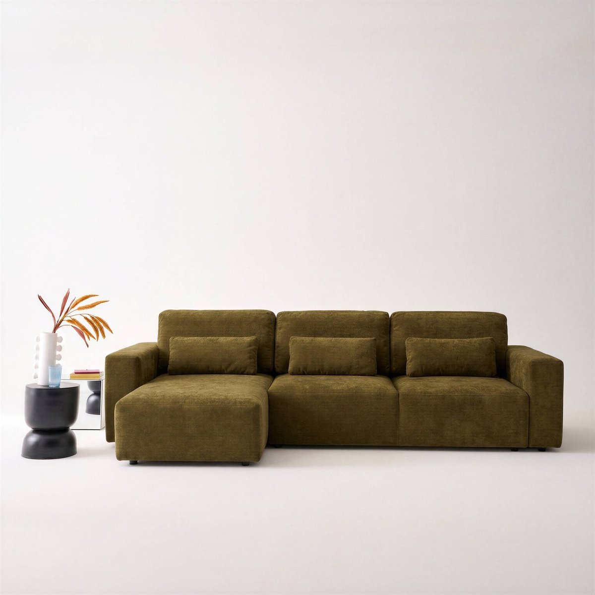 Canapé d'angle convertible réversible 3 places tissu chenille avec coffre THEO beige, SWEEEK