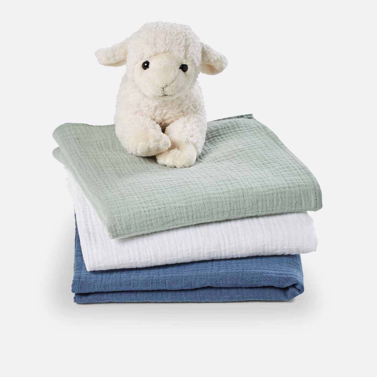 Lot de 3 langes bébé en gaze de coton, Kumla bleu prusse/vert de gris/blanc, LA REDOUTE INTERIEURS