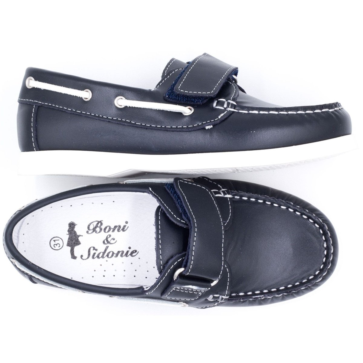 Chaussures bateau enfant en cuir, faciles à enfiler - BONI BOAT bleu marine, BONI&SIDONIE