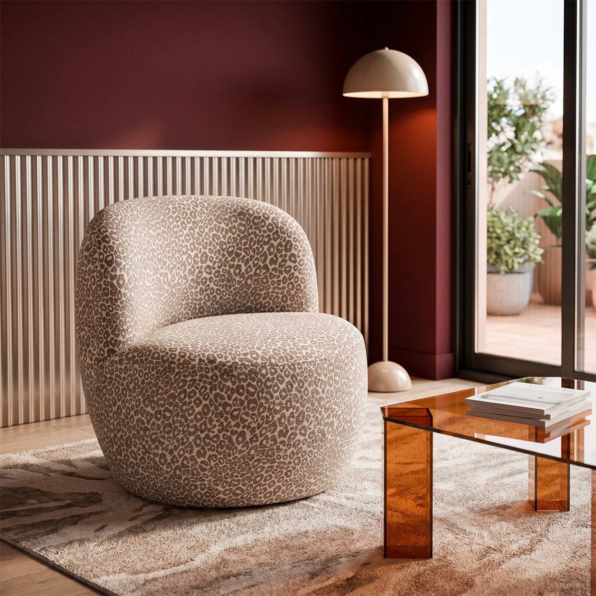 Fauteuil rond en tissu imprimé léopard- MO beige, DRAWER