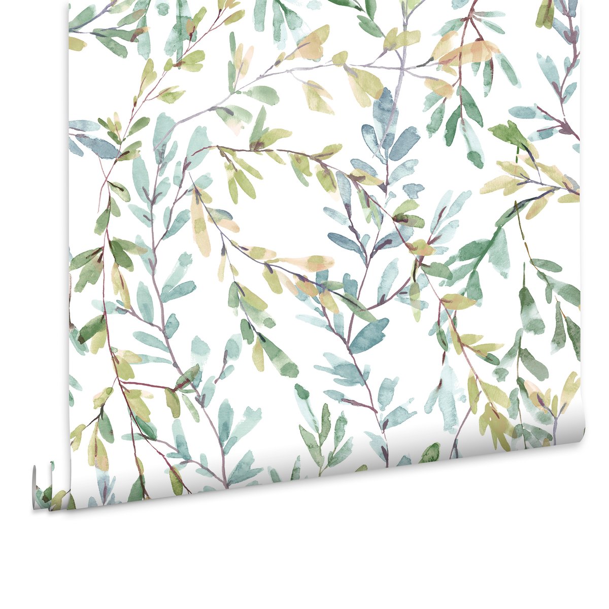 Papier peint Feuillage effet aquarelle Brayton vert, bleuté, ocre, LAURA ASHLEY