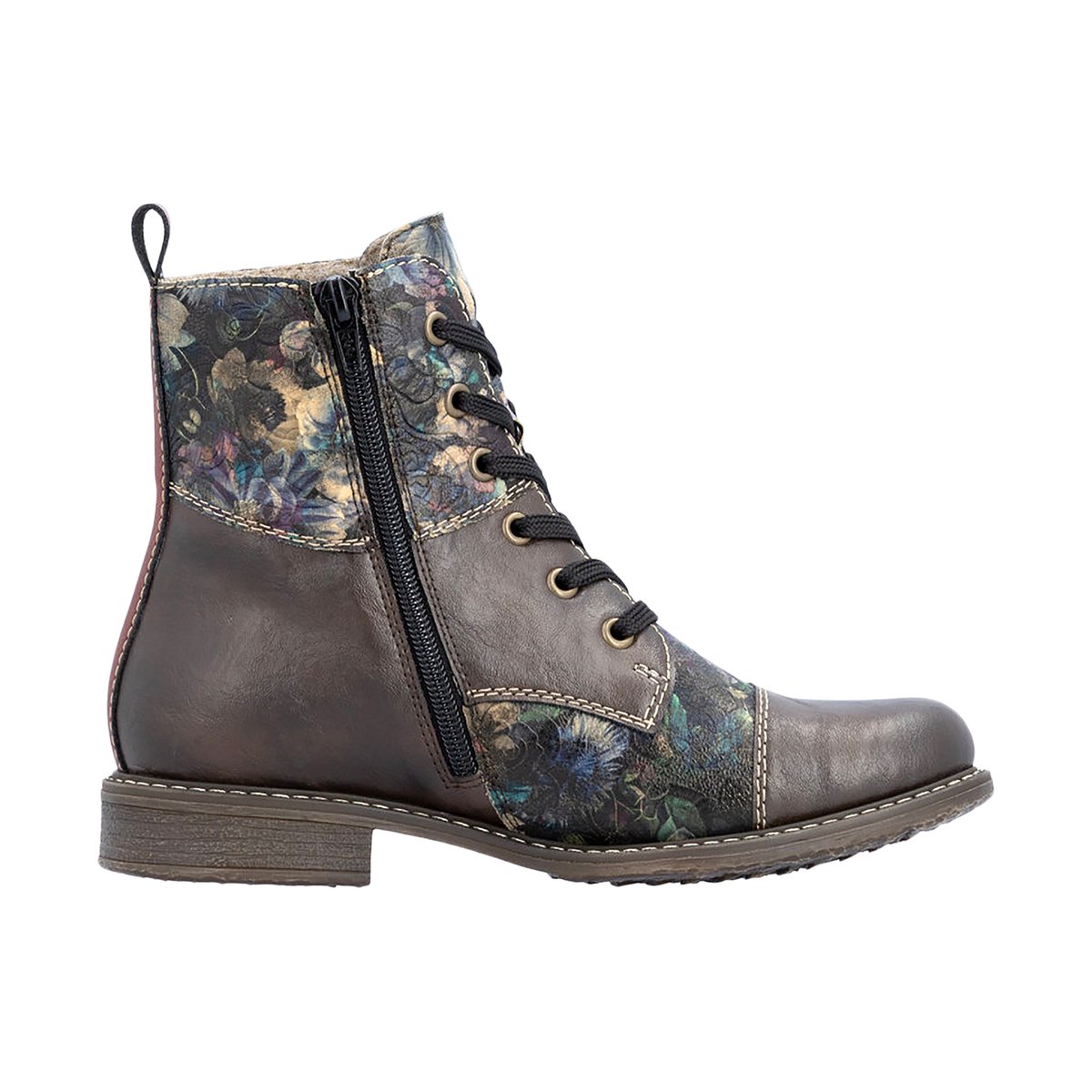 Bottines marron à talon plat ornées d'un empiècement à motif floral marron, RIEKER