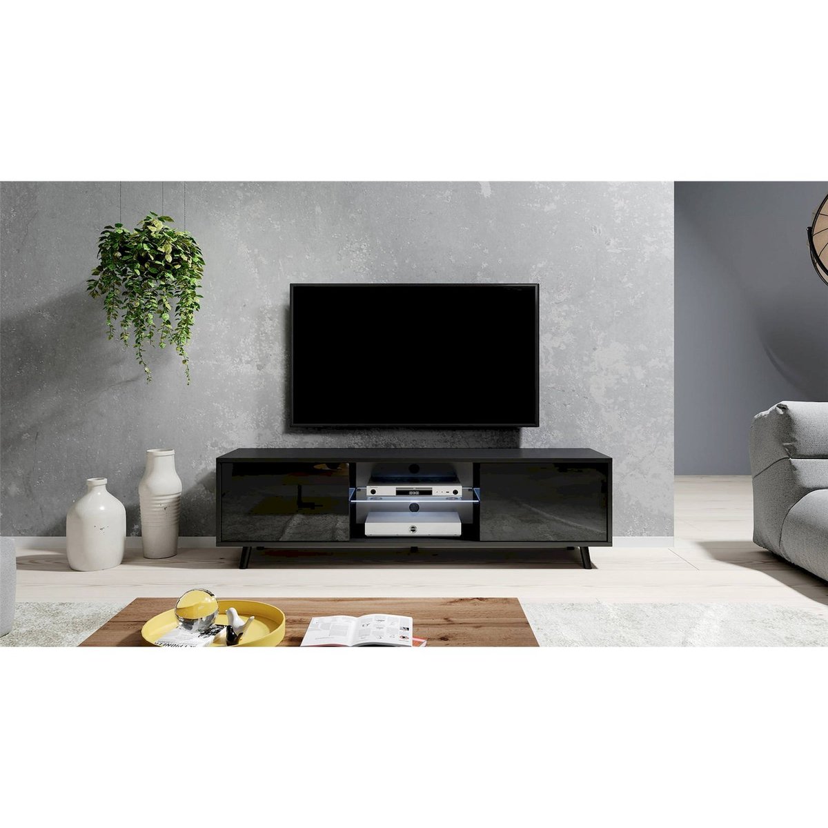 Meuble tv avec niche éclairée collection LEFYR noir mat, RECOLLECTION
