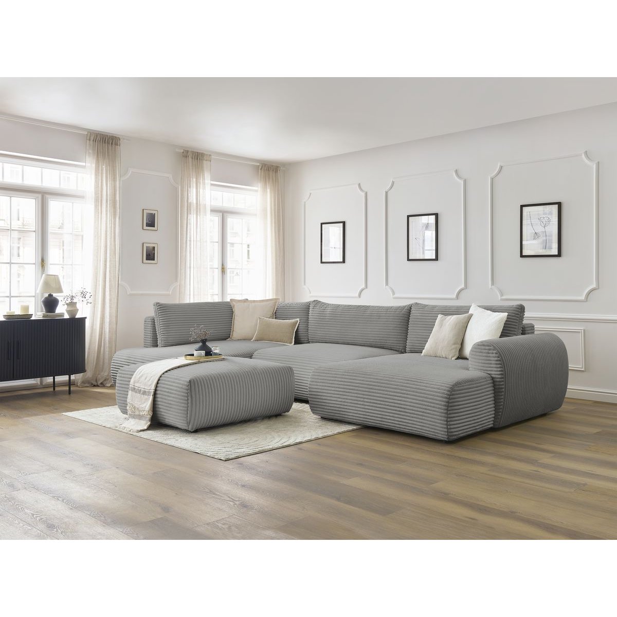 Canapé panoramique convertible 6 places en gros côtelé doux avec pouf, LUCIEN gris foncé, BOBOCHIC