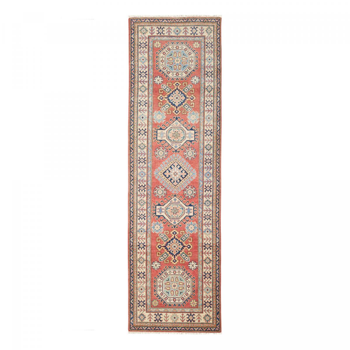 Tapis salon géométrique, noué main en laine, KAZAK CO 54 rouge, beige, bleu, UN AMOUR DE TAPIS