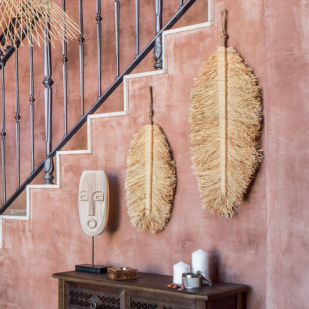 Set de 2 décorations murales plumes raphia OASIS beige, ATMOSPHERA